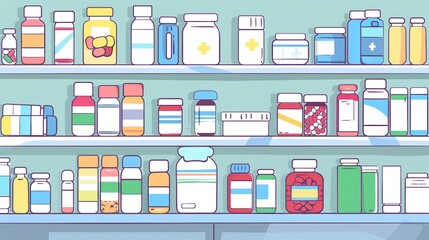 Illustration of a well-organized pharmacy shelf filled with various colorful medicine bottles and containers in a pastel color palette.