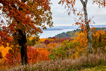 Fototapeta premium River running through valley with vivid colors on a beautiful autumn day near Hudson Wisconsin USA