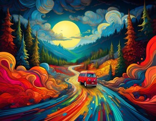 A red van driving down a windy road in a scary forest, stormy night and moody clouds
