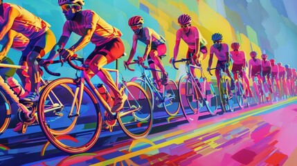 Fototapeta premium Vibrant, colorful depiction of cyclists racing together on a bright and dynamic background, showcasing energy and motion in a surreal style.