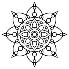A black and white illustration of a flower mandala design.
