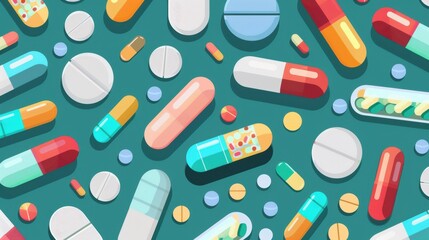 Colorful assortment of various pills and capsules. Medical supplies, healthcare, and pharmaceutical concept background.