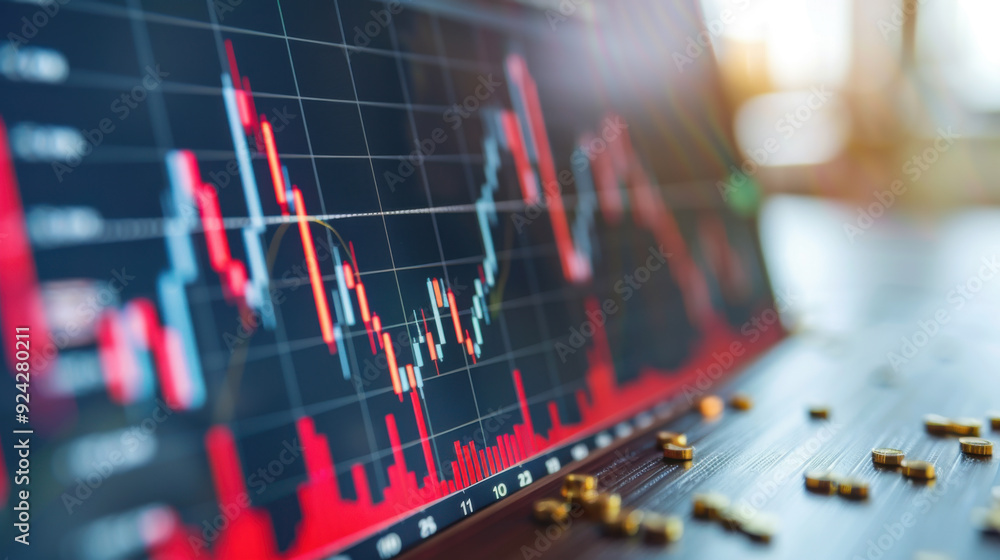 Poster close-up of a financial stock market graph on a computer screen, showing fluctuating data with a blu