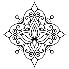 A black and white illustration of a flower mandala design.