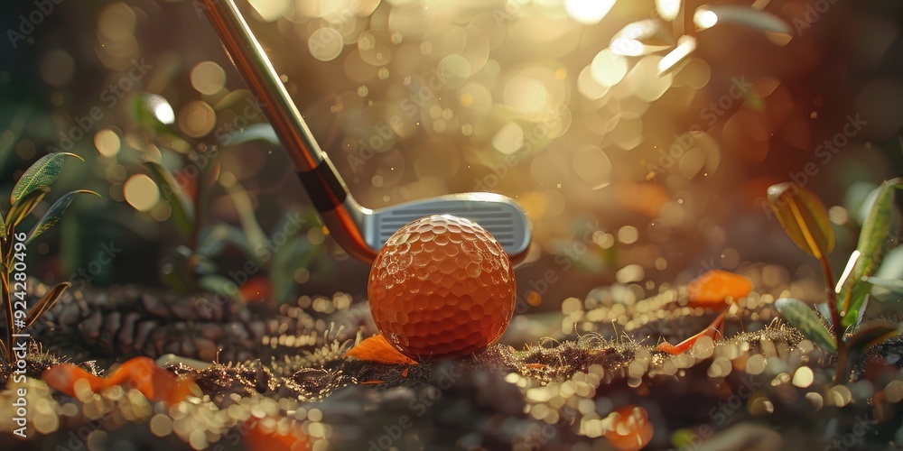 Wall mural Close up of golf club and orange golf ball