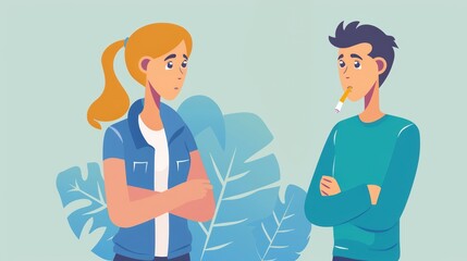A woman and a man have a conversation, depicting emotions of disagreement in a stylized illustration with plants in the background.