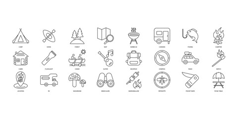 Camping icons set. Set of editable stroke icons.Set of Camping