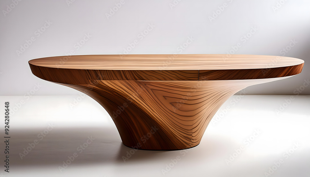 Poster the image features an empty wooden table with an empty wooden bowl and a white ceramic bowl, focusin