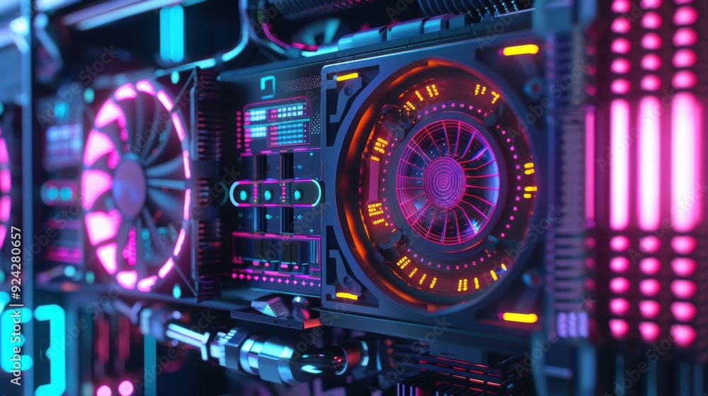 Poster close-up of futuristic computer hardware with vibrant neon lights, showcasing advanced technology in