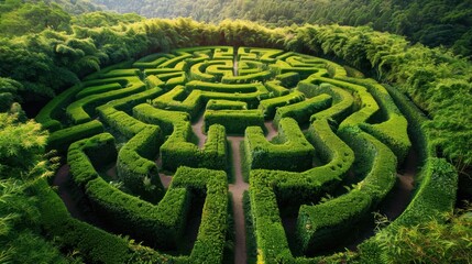 Naklejka premium Aerial view of a scenic green hedge maze in a lush garden setting, surrounded by dense greenery and natural landscape during daylight.