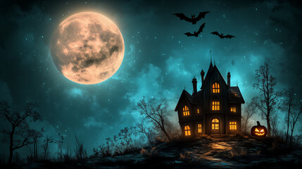Spooky Halloween scene with haunted house under full moon and bats in turquoise night sky