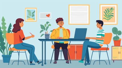 Illustration of three people in a modern office setting, collaborating on a project. Bright colors and plants create a productive atmosphere.