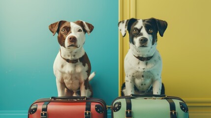 Adorable dogs sitting on colorful suitcases ready for travel against a vibrant background, bringing a sense of adventure and companionship.