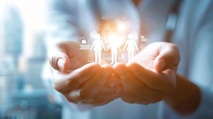 Hands with protective gesture and family, life, health and house insurance icons. Insurance concept, Family