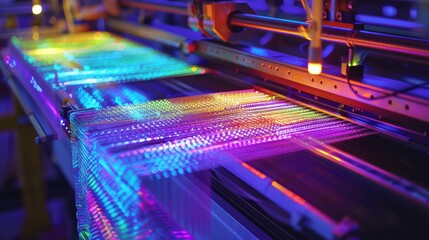 Close-up of a digital LED screen printing machine with vibrant neon lights and intricate circuit patterns, showcasing technology and innovation.