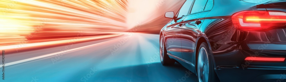 Poster dynamic shot of a speeding car with blurred lights, capturing the essence of motion and power on the