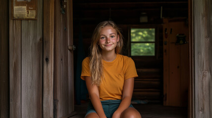 Naklejka premium portrait of a teenage female in front on a summer camp cabin