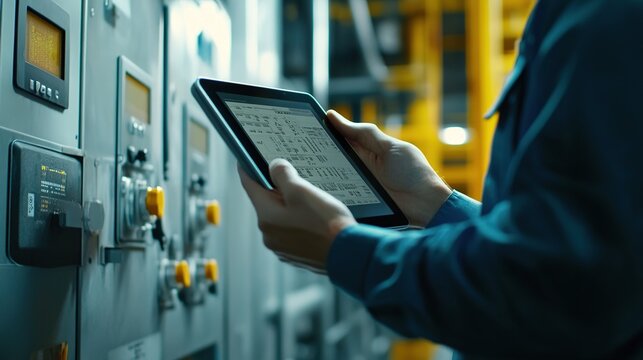 engineer or factory worker using tablet computer for finding how to use machine control panel in factory