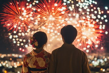 Fototapeta premium 打ち上げ花火を見上げるアジア人カップルの写真