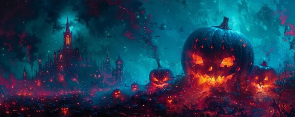 Happy abstract dark Halloween background with creepy pumpkins and scary smoke clouds. Jack pumpkin head. Illustration for card or poster for Halloween greetings. With copy space