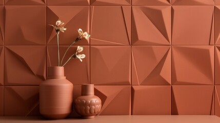 A trendy terracottahued accent wall with a geometric 3D texture making a bold statement in any room.