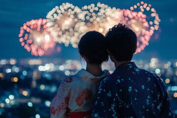 打ち上げ花火を見上げるアジア人カップルの写真