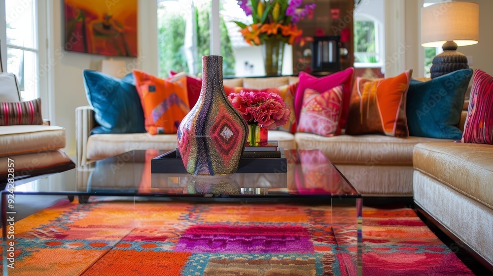 Aufkleber an eclectic living room with a bold and vibrant plush area rug adding a pop of color and texture to 