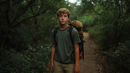 portrait of a teenage male in hiking gear on a trail