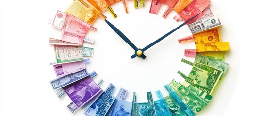 A clock with multiple currencies circling around it, symbolizing the continuous and dynamic nature of the forex market. ongoing flow and activity within global financial trading.