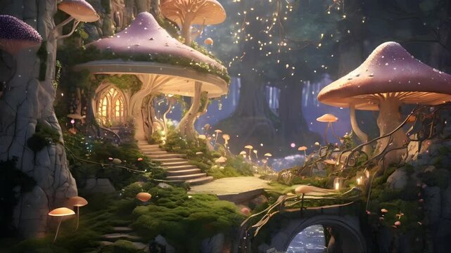 A dream house shaped like a fairy tale mushroom with lots of fireflies. Seamless 4K looping timelapse video animation background