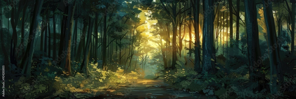 Poster forest at dusk with sunlight filtering through the trees