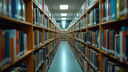 Long row of bookshelves in a library.