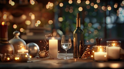 Cozy evening setting with candles, wine bottle, and twinkling lights creating a warm, intimate atmosphere perfect for dining or celebration.