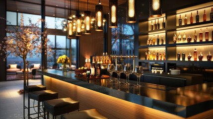 Modern, stylish bar interior with elegant lighting and seating, showcasing a well-stocked shelf of various beverages and sophisticated decor.