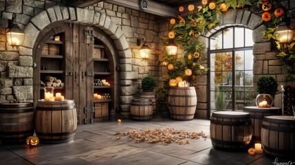 Rustic stone interior with wooden barrels, autumn leaves, pumpkins, candles, and lanterns creating a warm, cozy atmosphere.
