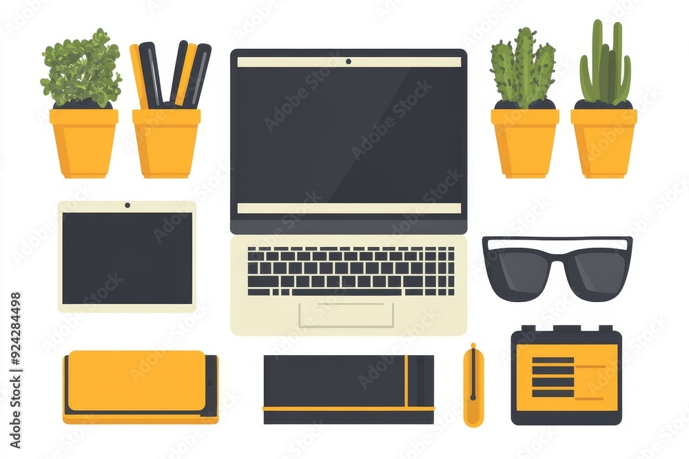 Poster desktop with various creative tools symbolizing the diverse aspects of graphic design and digital cr