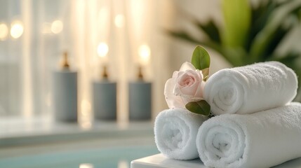Obraz premium Spa skin care accessory composition set in day spa ,beauty treatment and wellness background with massage stone, plants, essential oils, towels,salts, cream,flowers,luxury spa resort room setting 