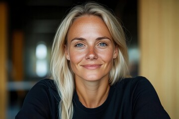 Happy Blonde Businesswoman Looking At The Camera, Seated Confidently At Her Desk