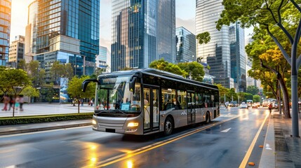 Obraz premium Modern city bus driving on an urban street during a sunny day, surrounded by tall buildings and green trees.