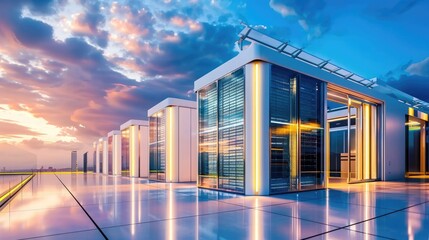 Modern data center with glass buildings and vibrant sunset sky, showcasing advanced technology infrastructure and architectural design.