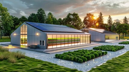 Fototapeta premium Modern greenhouse with solar panels and lush greenery at sunset, representing sustainable agriculture and renewable energy solutions.