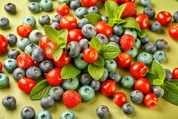 A bunch of blueberries and strawberries are on a green table