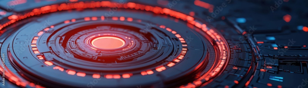 Poster futuristic abstract design featuring glowing red and blue circular patterns and intricate textures, 