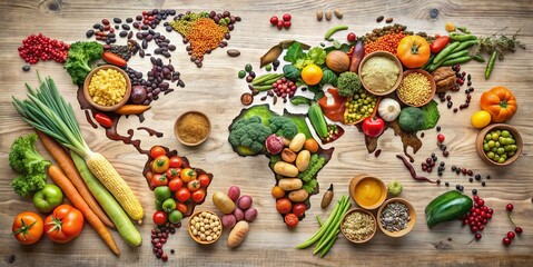 A colorful image of a world map made out of vegetables and fruits