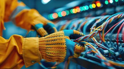 Technician wearing gloves working on network cables in a server room, managing and organizing complex wiring systems.