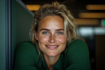 Happy Businesswoman Leaning On An Office Cubicle, Smiling Confidently