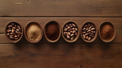 visual story showing the stages of cocoa bean processing, from raw beans to powdered cocoa, displayed in separate containers on a wooden table