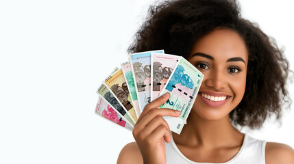 Young black woman holding Zimbabwean zig and showing  notes to camera over white background with copy space, African lady happy similing, hand holds money cash, zimbabwe currency

