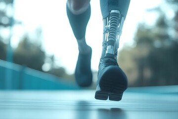 Man amputee with prosthetic robotic bionic leg. Modern technology, prosthesis medicine. Summer Paralympic Games. International Day of Persons with Disabilities