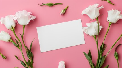 Obraz premium White Flowers and Blank Card on Pink Background